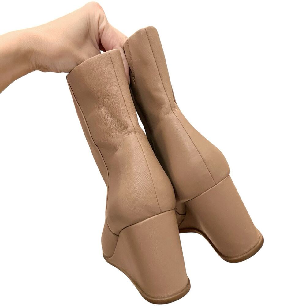 Nordstrom Prince Wedge Ankle Boots 9.5M Leather Nude Pointed Toe Minimalist - Picture 4 of 10